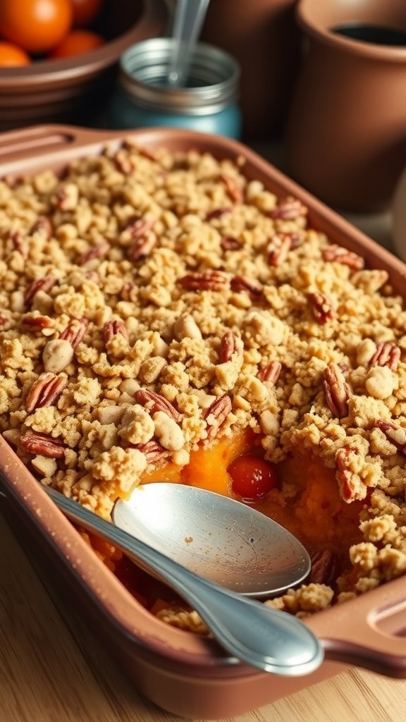 Southern sweet potato casserole with pecan topping and tomatoes in a rustic baking dish.